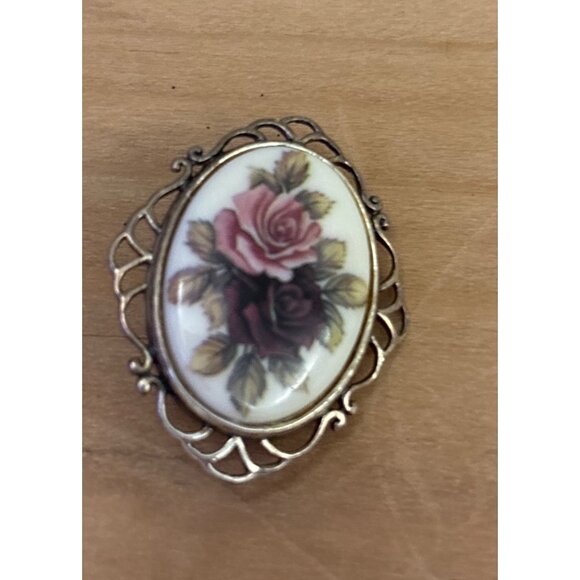 Vintage Sterling Silver Rose Brooch With Hand-Painted Porcelain Floral Cameo Des - Picture 2 of 10